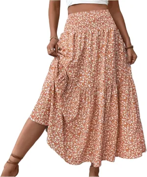 Long Flowy Skirts for Women Smocked High Waisted Floral Maxi Skirt with Pockets Boho Ruffle Tiered Beach A Line Skirt