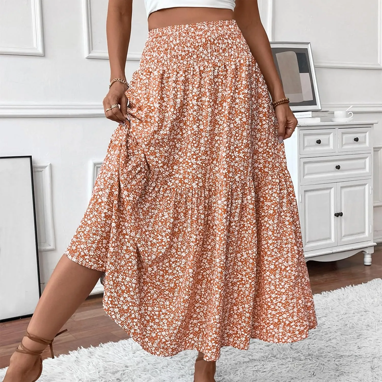 Long Flowy Skirts for Women Smocked High Waisted Floral Maxi Skirt with Pockets Boho Ruffle Tiered Beach A Line Skirt