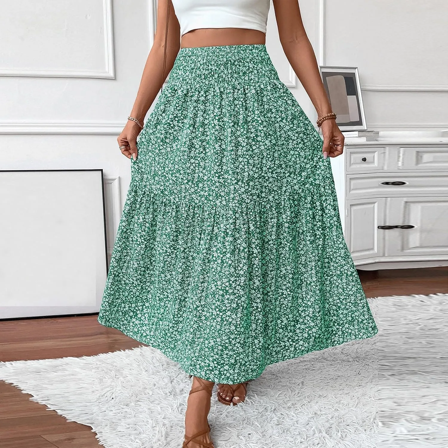 Long Flowy Skirts for Women Smocked High Waisted Floral Maxi Skirt with Pockets Boho Ruffle Tiered Beach A Line Skirt