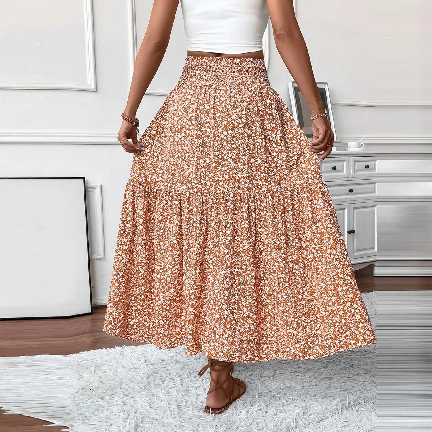 Long Flowy Skirts for Women Smocked High Waisted Floral Maxi Skirt with Pockets Boho Ruffle Tiered Beach A Line Skirt