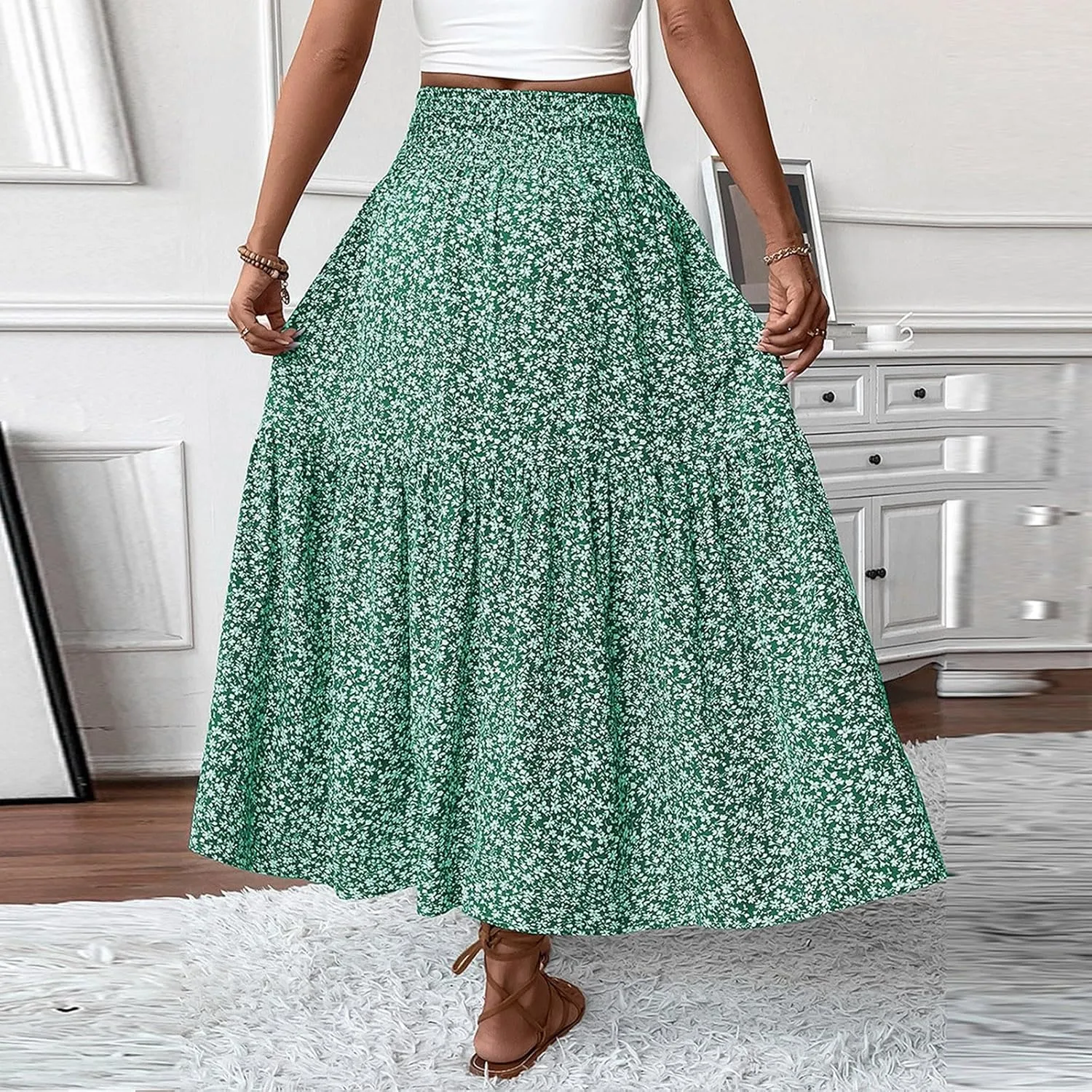 Long Flowy Skirts for Women Smocked High Waisted Floral Maxi Skirt with Pockets Boho Ruffle Tiered Beach A Line Skirt