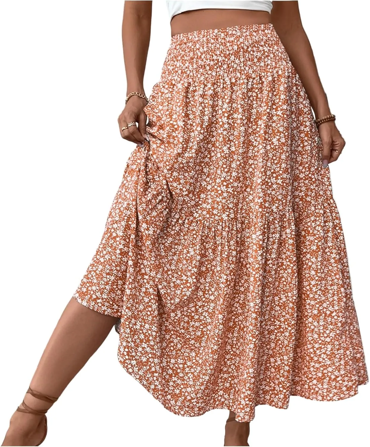 Long Flowy Skirts for Women Smocked High Waisted Floral Maxi Skirt with Pockets Boho Ruffle Tiered Beach A Line Skirt