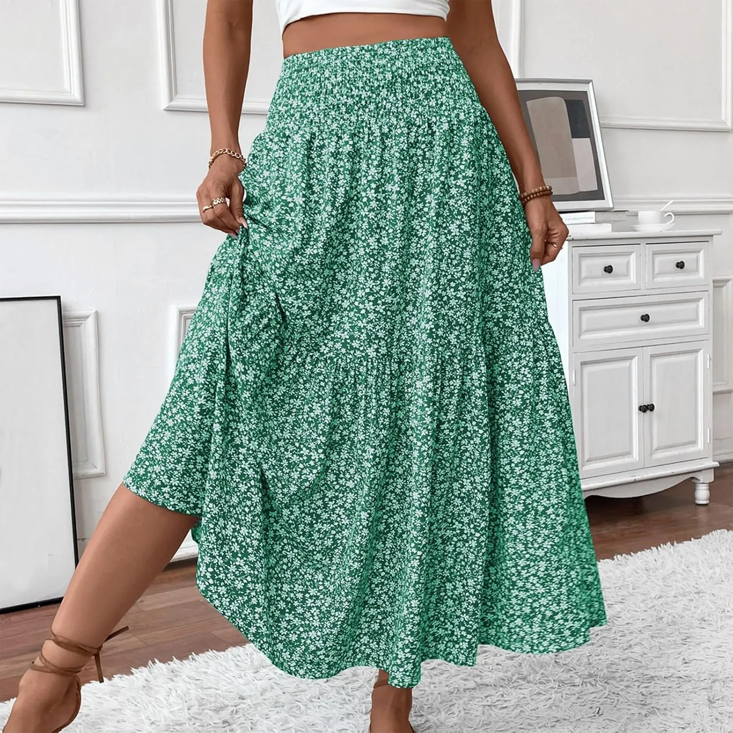 Long Flowy Skirts for Women Smocked High Waisted Floral Maxi Skirt with Pockets Boho Ruffle Tiered Beach A Line Skirt