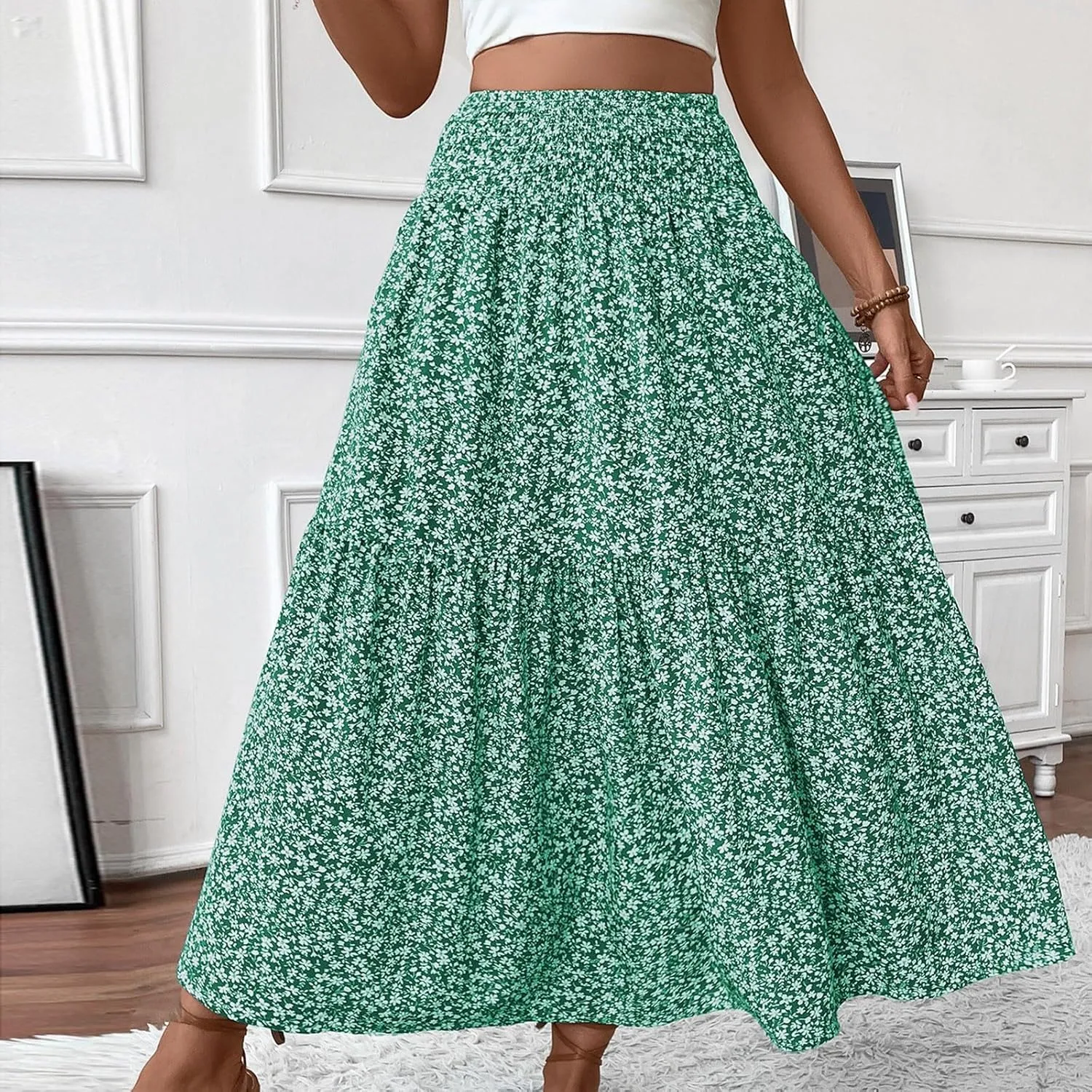 Long Flowy Skirts for Women Smocked High Waisted Floral Maxi Skirt with Pockets Boho Ruffle Tiered Beach A Line Skirt