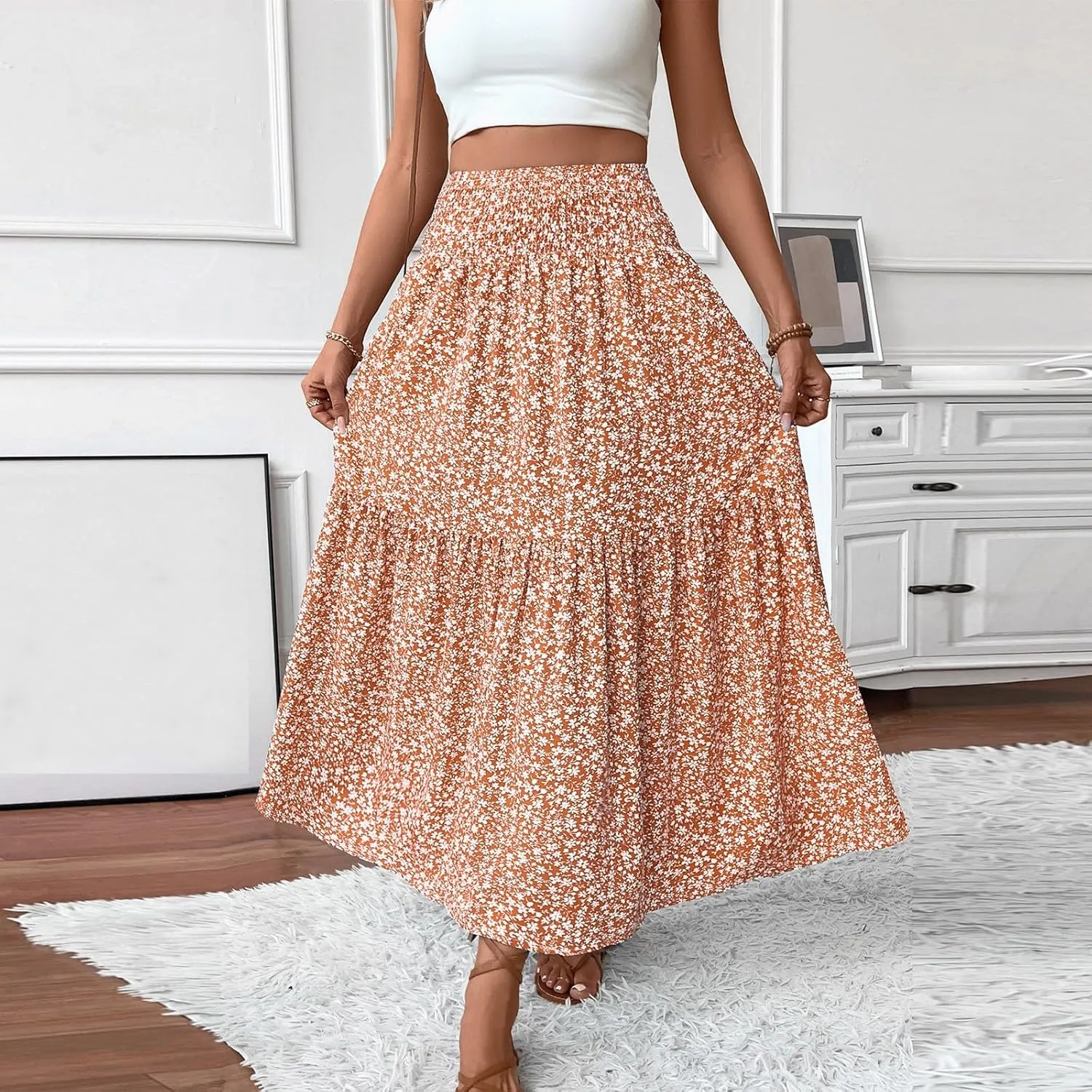 Long Flowy Skirts for Women Smocked High Waisted Floral Maxi Skirt with Pockets Boho Ruffle Tiered Beach A Line Skirt
