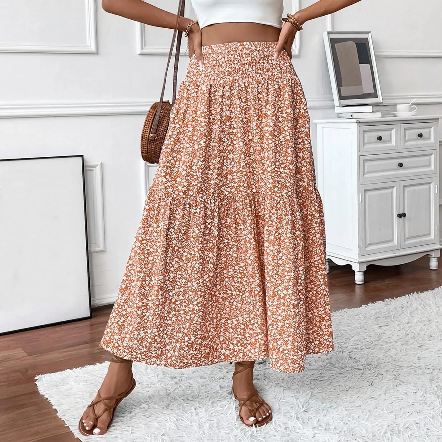 Long Flowy Skirts for Women Smocked High Waisted Floral Maxi Skirt with Pockets Boho Ruffle Tiered Beach A Line Skirt