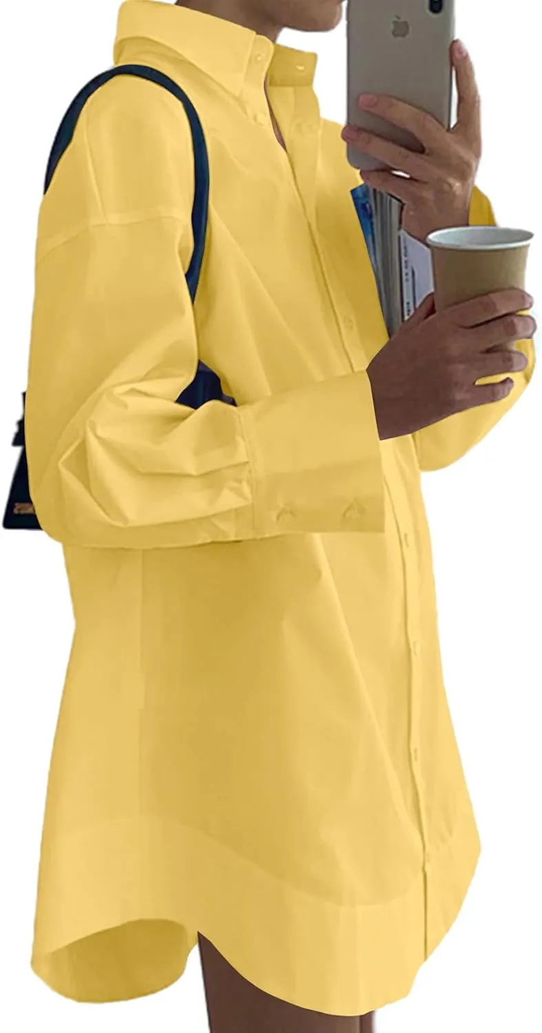 LYANER Women's Casual Shirt Dress Collar V Neck Button Down Loose Long Sleeve Mini Dresses
