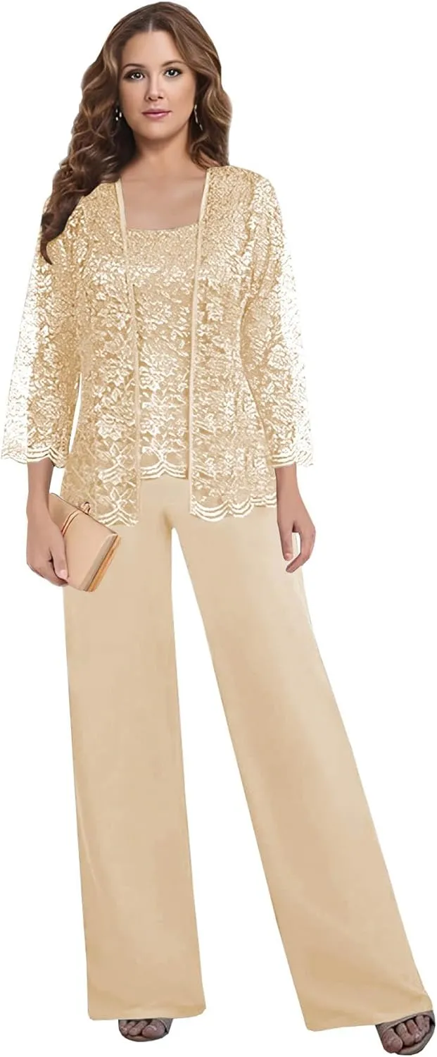 MAGGCIF 3 Pieces Mother of The Bride Pant Suits for Wedding Dressy with Jacket Chiffon Lace Sets Formal Evening Outfit
