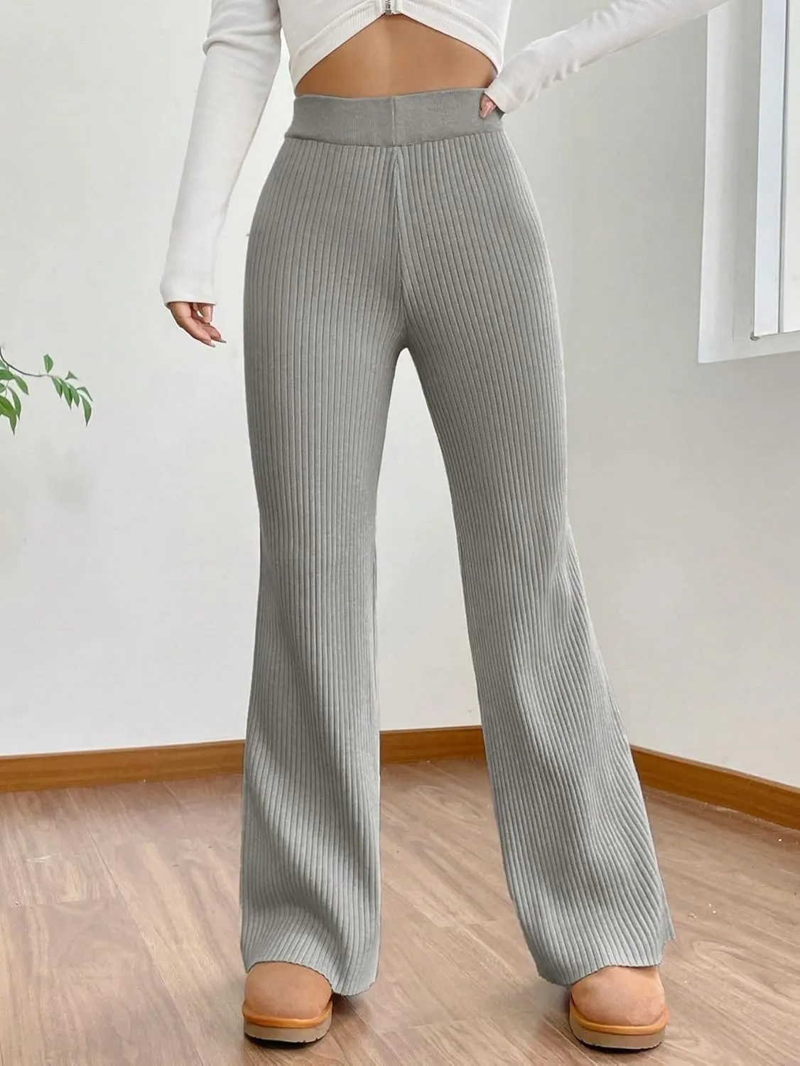 MakeMeChic Women's Wide Leg Pants Ribbed Knit High Waist Casual Lounge Pants
