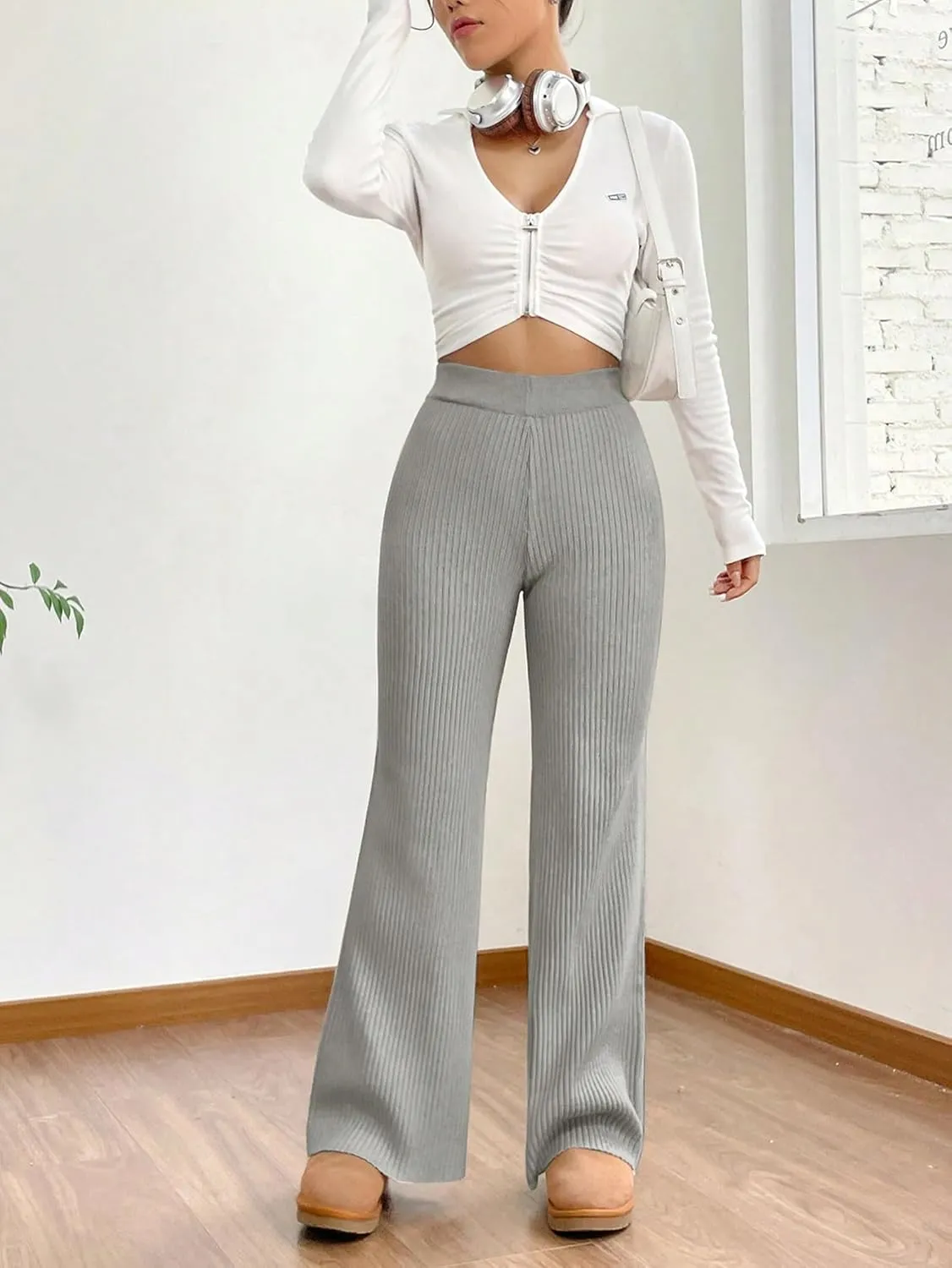 MakeMeChic Women's Wide Leg Pants Ribbed Knit High Waist Casual Lounge Pants