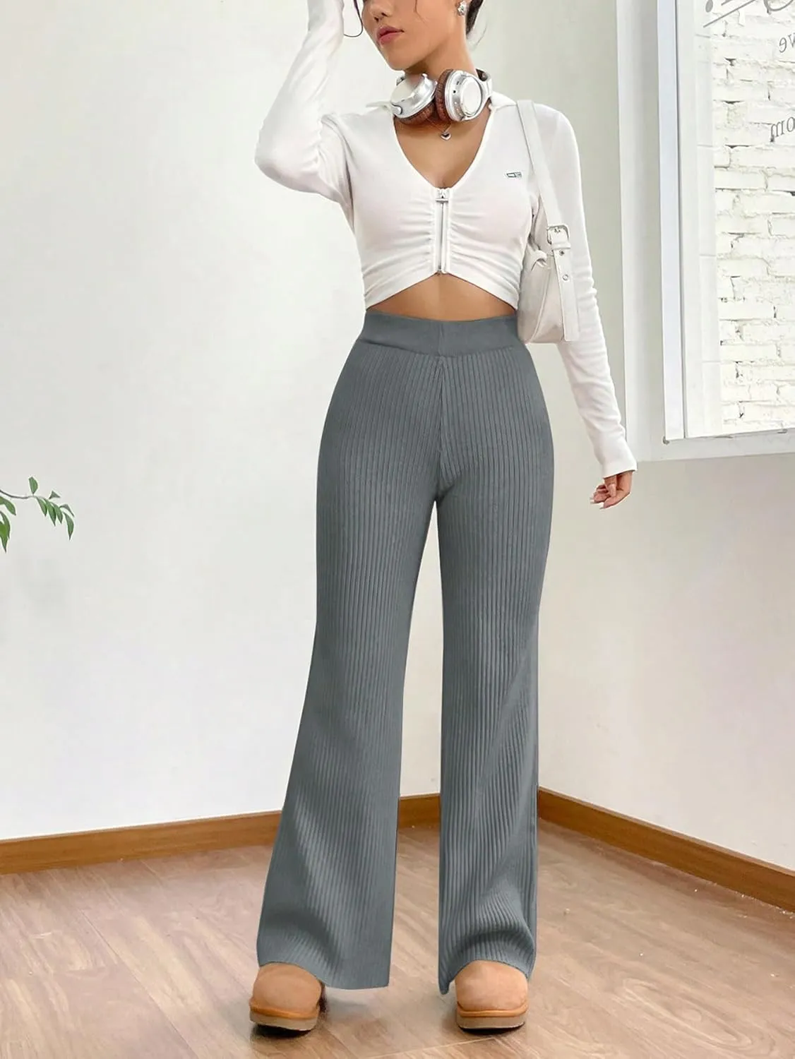 MakeMeChic Women's Wide Leg Pants Ribbed Knit High Waist Casual Lounge Pants