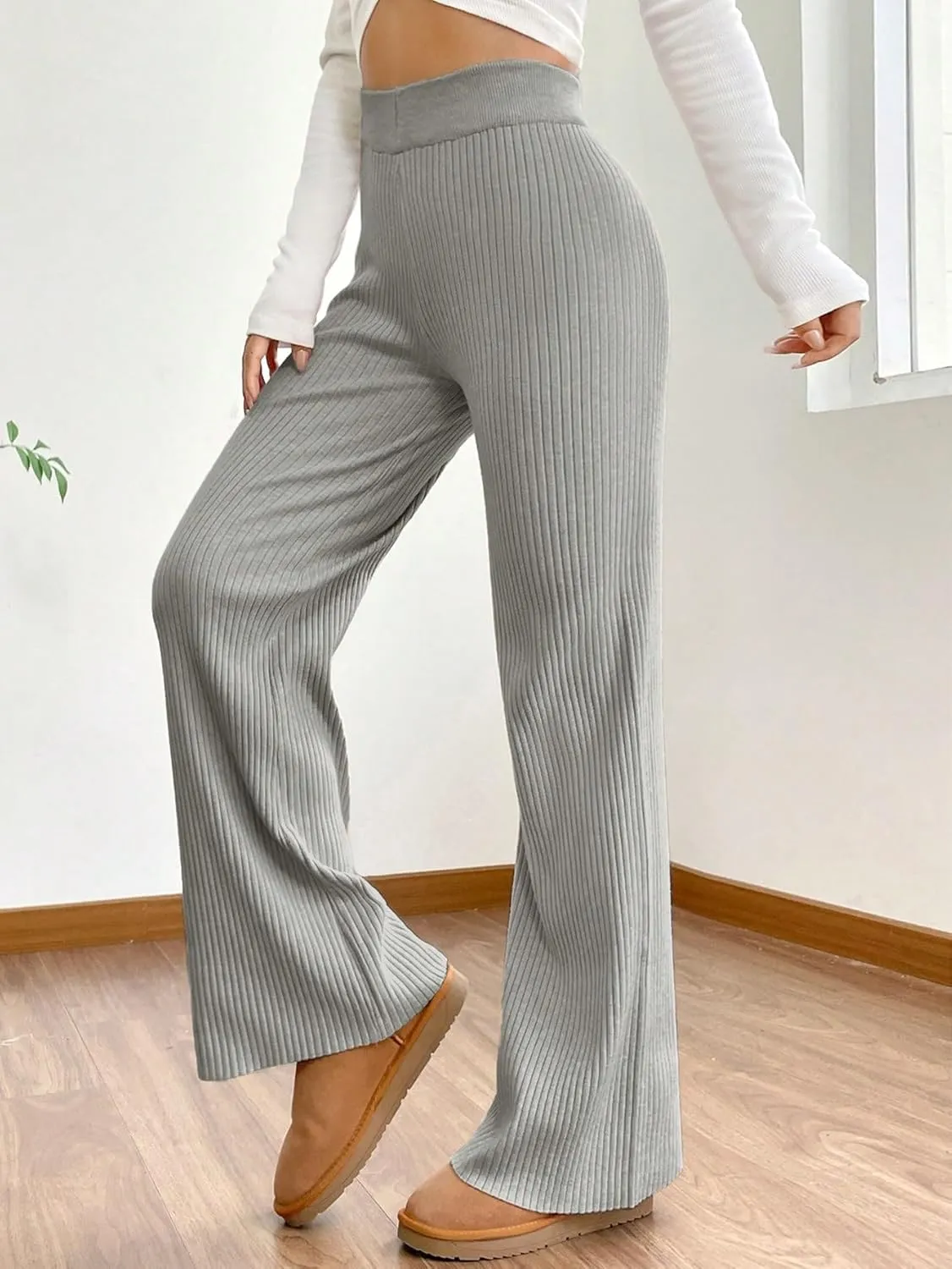 MakeMeChic Women's Wide Leg Pants Ribbed Knit High Waist Casual Lounge Pants