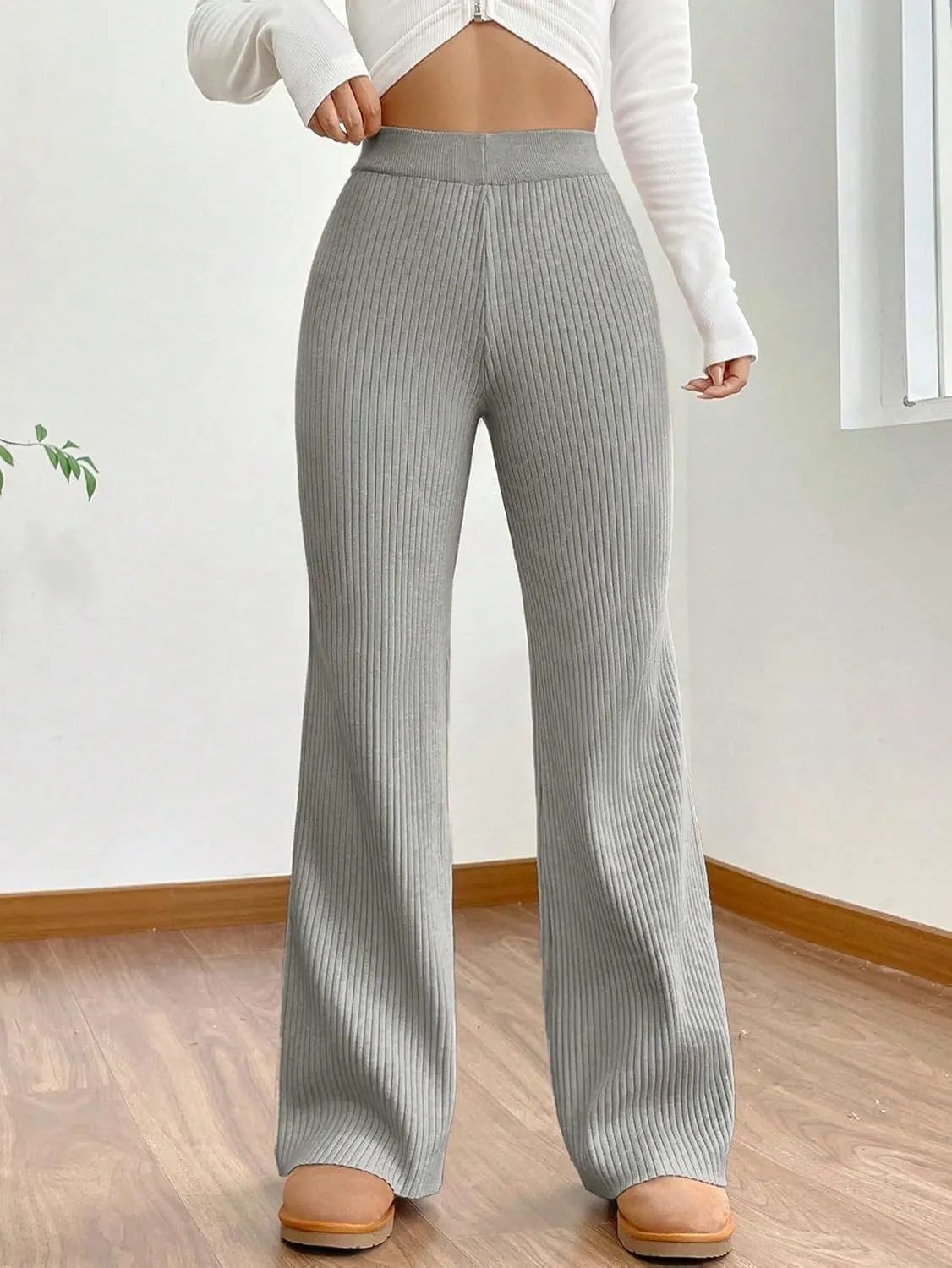 MakeMeChic Women's Wide Leg Pants Ribbed Knit High Waist Casual Lounge Pants