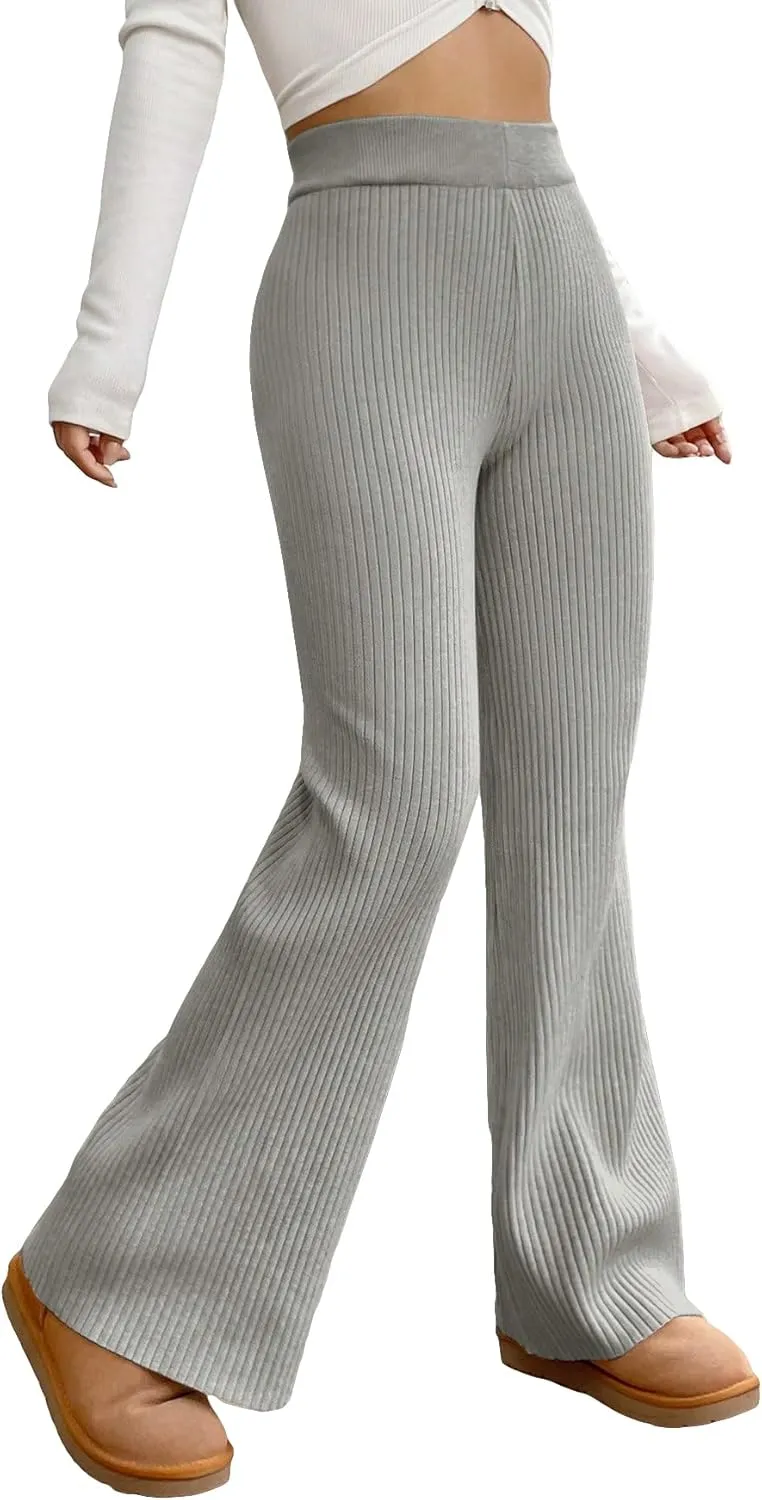 MakeMeChic Women's Wide Leg Pants Ribbed Knit High Waist Casual Lounge Pants