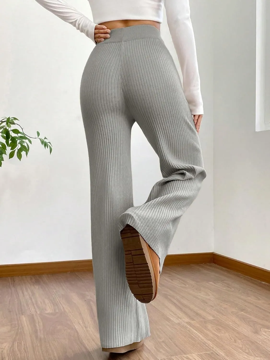 MakeMeChic Women's Wide Leg Pants Ribbed Knit High Waist Casual Lounge Pants