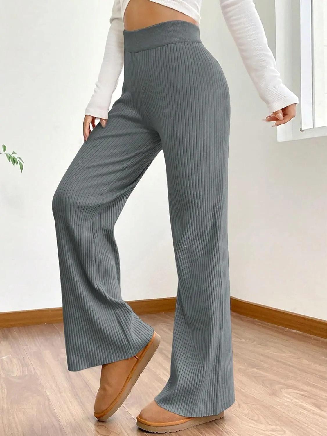 MakeMeChic Women's Wide Leg Pants Ribbed Knit High Waist Casual Lounge Pants