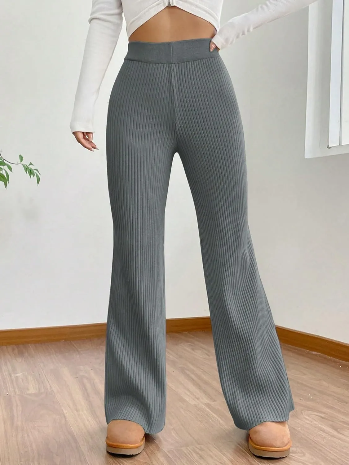 MakeMeChic Women's Wide Leg Pants Ribbed Knit High Waist Casual Lounge Pants