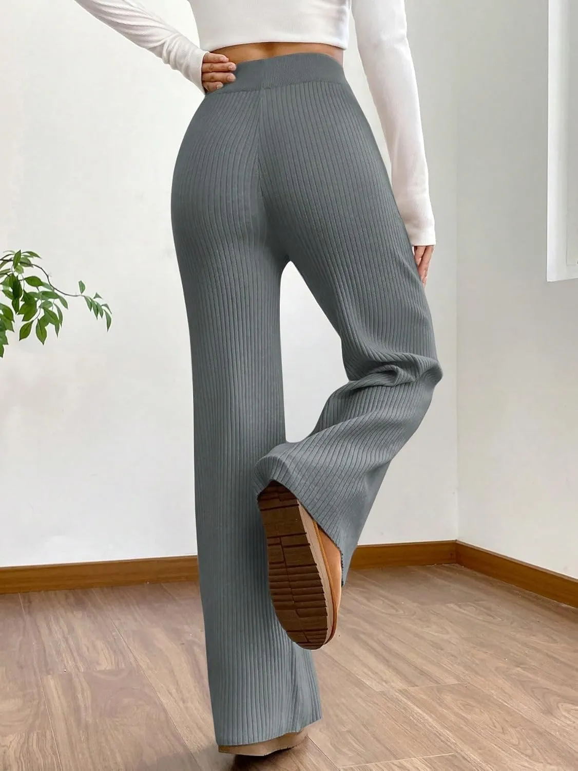 MakeMeChic Women's Wide Leg Pants Ribbed Knit High Waist Casual Lounge Pants