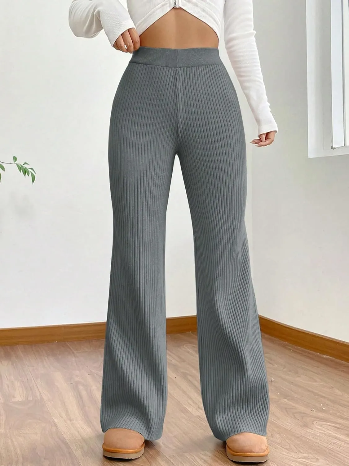 MakeMeChic Women's Wide Leg Pants Ribbed Knit High Waist Casual Lounge Pants