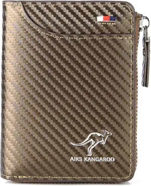Men Wallet Zipper Purse (RFID PROTECTED), Aiks Kangaroo Wallets, Mens RFID Blocking Leather Wallet Credit Card ID Holder Zipper Purse Waterproof (Fiber Gold)