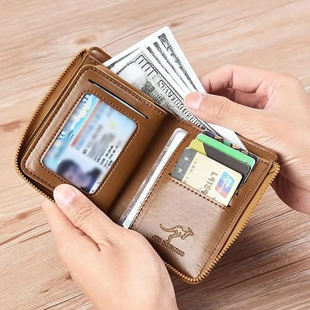 Men Wallet Zipper Purse (RFID PROTECTED), Aiks Kangaroo Wallets, Mens RFID Blocking Leather Wallet Credit Card ID Holder Zipper Purse Waterproof (Fiber Gray)