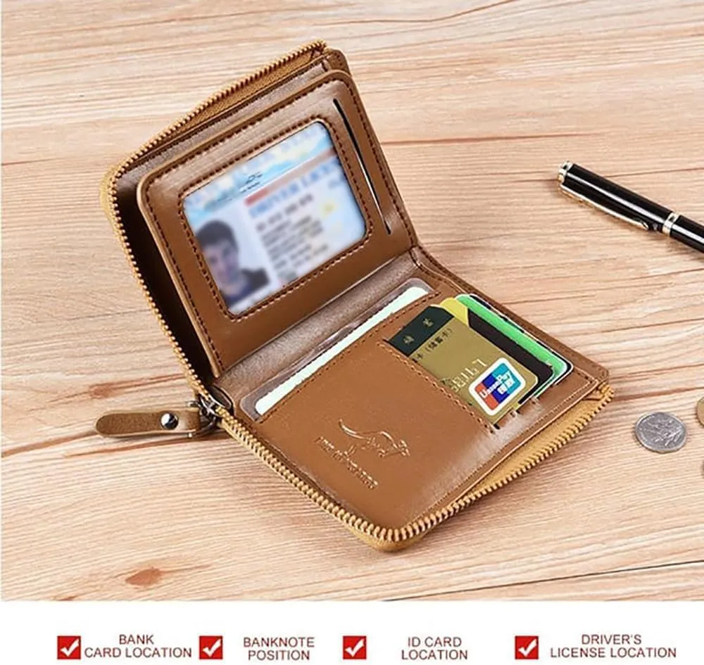Men Wallet Zipper Purse (RFID PROTECTED), Aiks Kangaroo Wallets, Mens RFID Blocking Leather Wallet Credit Card ID Holder Zipper Purse Waterproof (Fiber Gray)