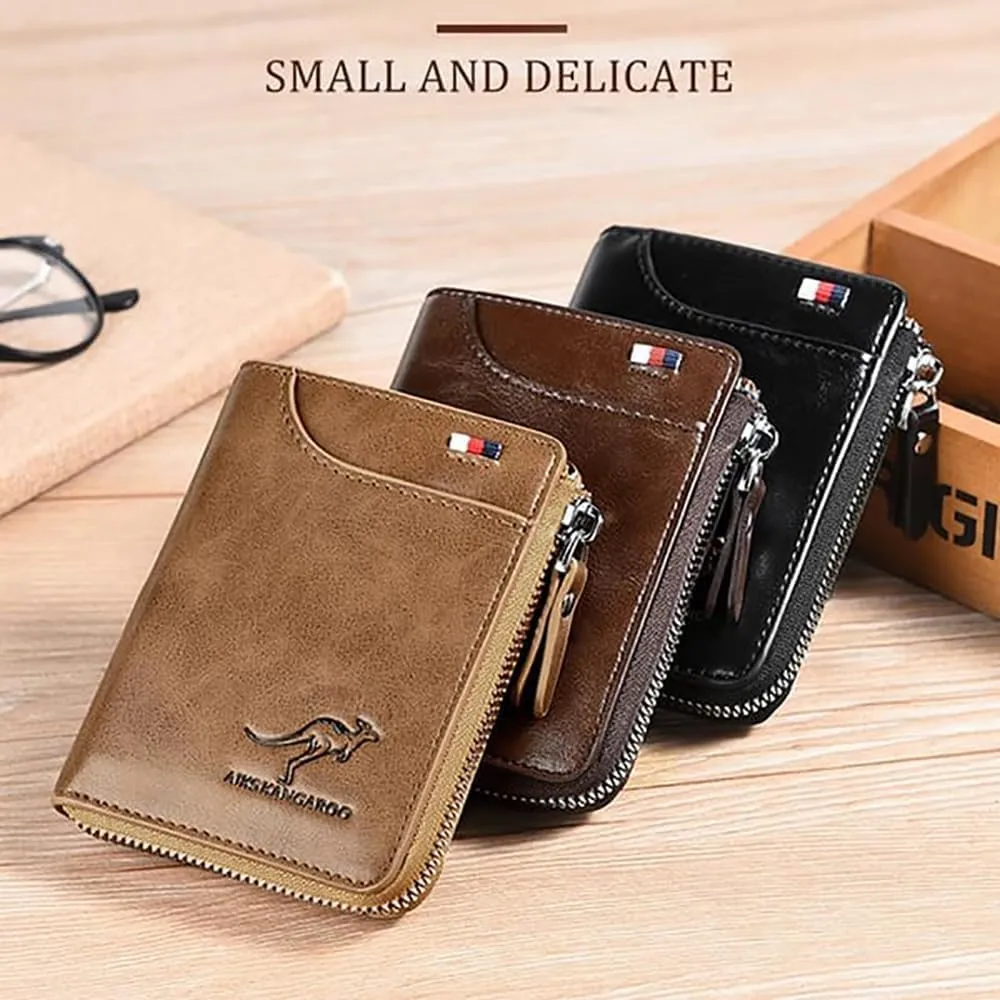 Men Wallet Zipper Purse (RFID PROTECTED), Aiks Kangaroo Wallets, Mens RFID Blocking Leather Wallet Credit Card ID Holder Zipper Purse Waterproof (Fiber Gray)