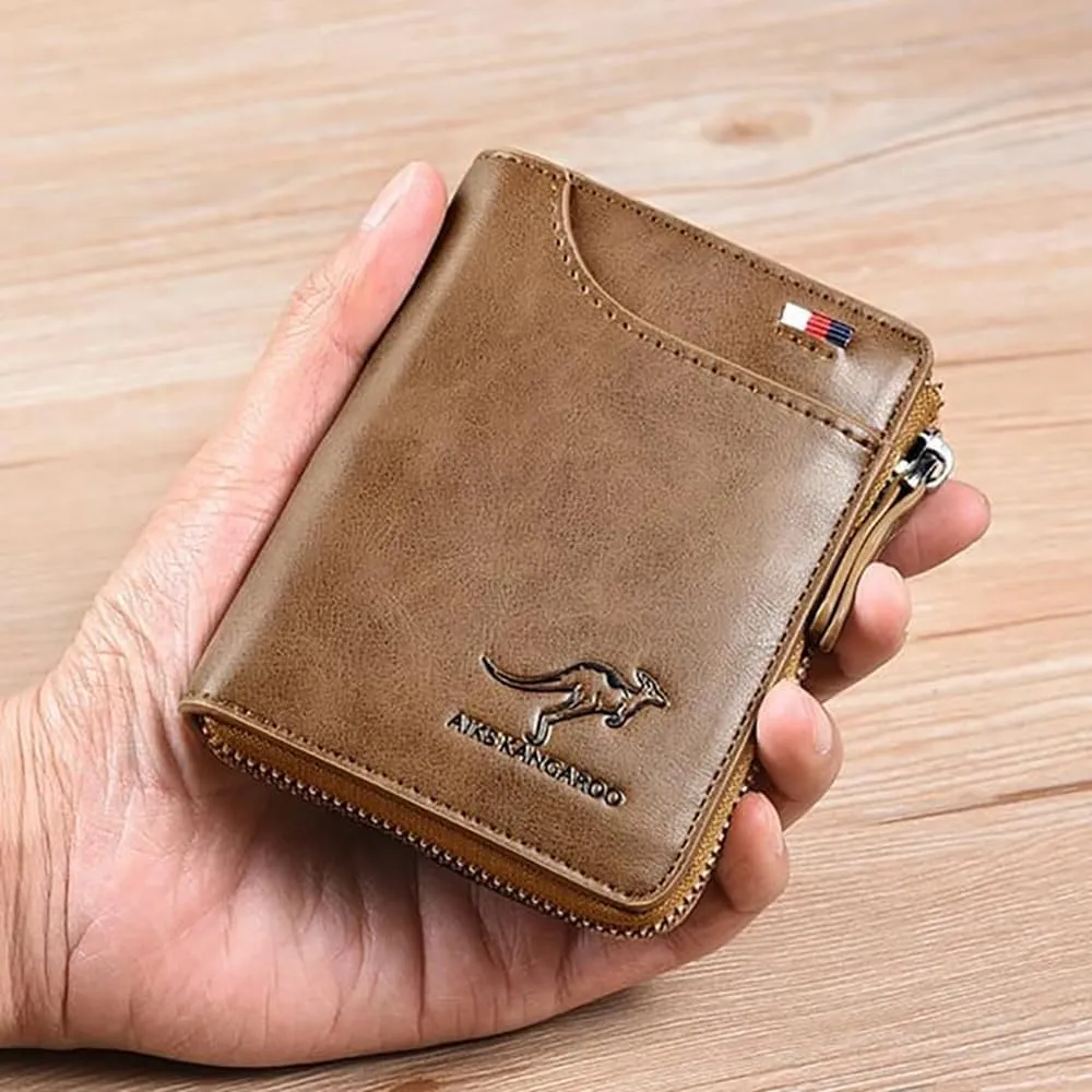 Men Wallet Zipper Purse (RFID PROTECTED), Aiks Kangaroo Wallets, Mens RFID Blocking Leather Wallet Credit Card ID Holder Zipper Purse Waterproof (Fiber Gray)