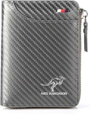 Men Wallet Zipper Purse (RFID PROTECTED), Aiks Kangaroo Wallets, Mens RFID Blocking Leather Wallet Credit Card ID Holder Zipper Purse Waterproof (Fiber Gray)
