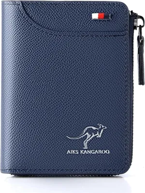 Men Wallet Zipper Purse (RFID PROTECTED), Aiks Kangaroo Wallets, Mens RFID Blocking Leather Wallet Credit Card ID Holder Zipper Purse Waterproof (Textured Blue)
