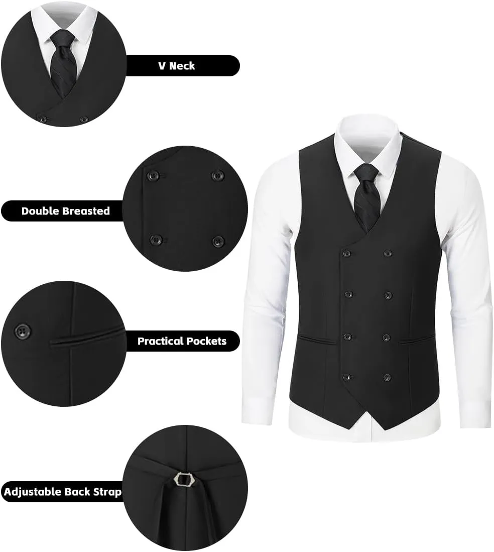 Mens 3 Piece Slim Fit Suit Set, Double Breasted Blazer Vest Pants Business Tuxedo Dress