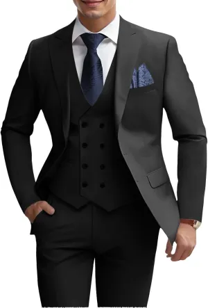 Mens 3 Piece Slim Fit Suit Set, Double Breasted Blazer Vest Pants Business Tuxedo Dress