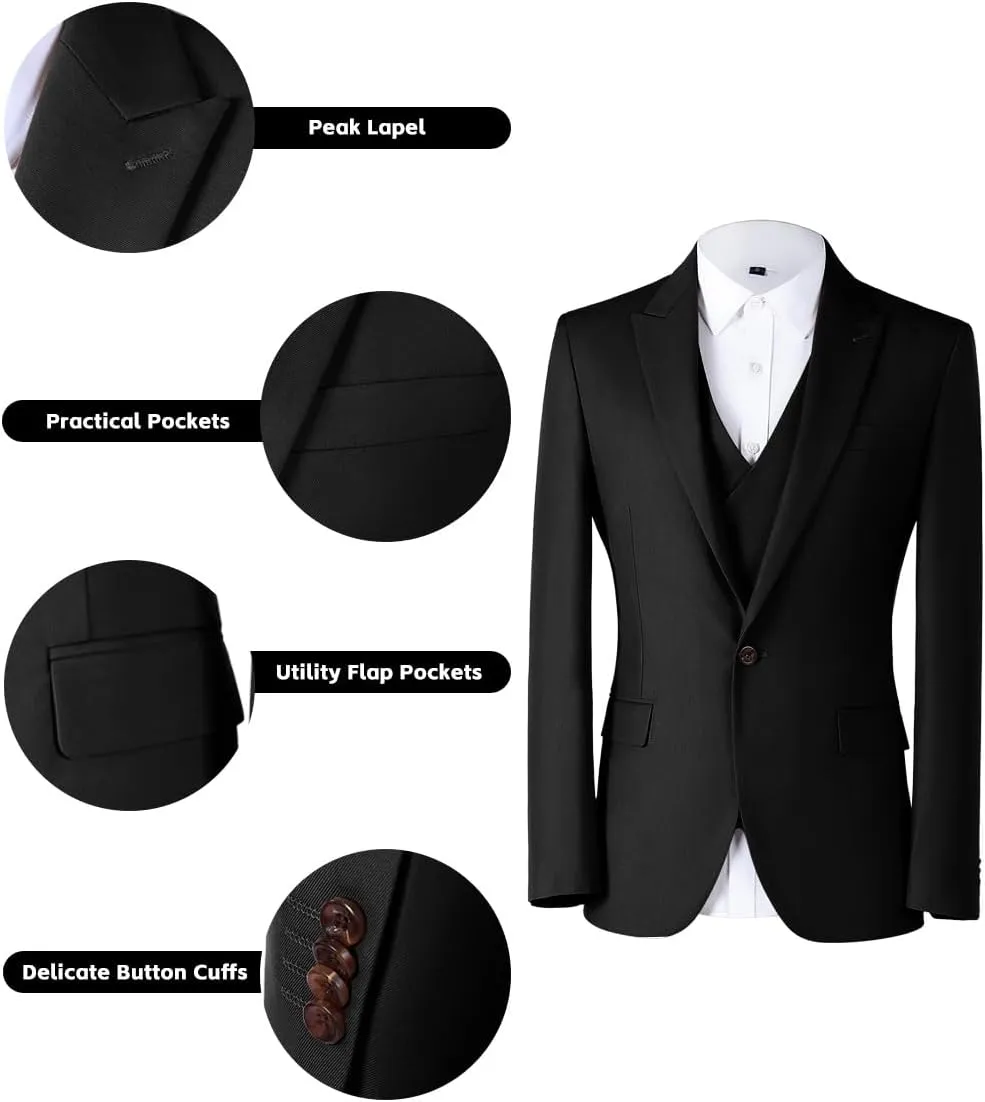 Mens 3 Piece Slim Fit Suit Set, Double Breasted Blazer Vest Pants Business Tuxedo Dress