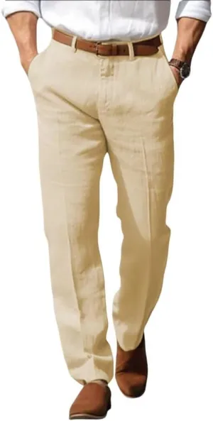Mens Linen Dress Pants Regular Fit Vintage Suit Trouser Lightweight Summer Casual Suit Pants Long for Men