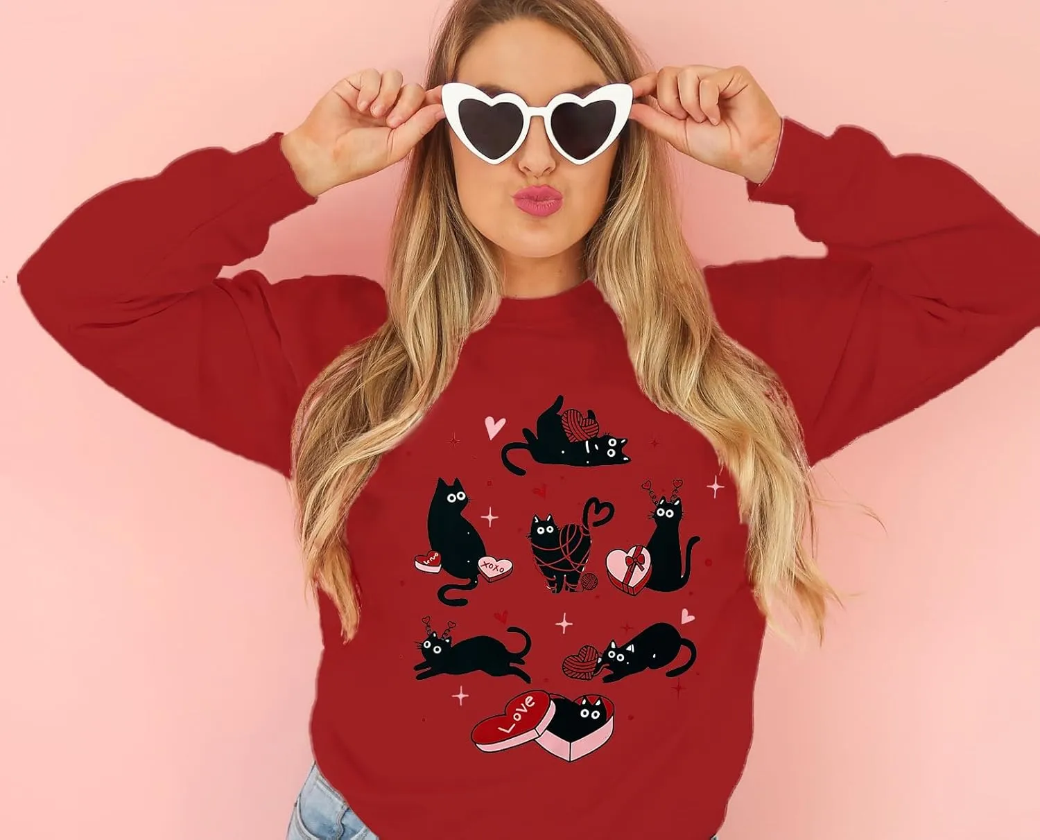 Meowy Valentines Sweatshirt for Womens Cute Black Cat Love Long Sleeve Shirt Love Heart Pullover Tops