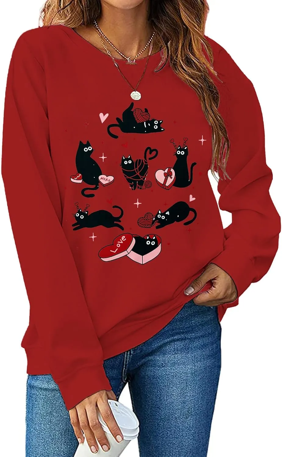 Meowy Valentines Sweatshirt for Womens Cute Black Cat Love Long Sleeve Shirt Love Heart Pullover Tops