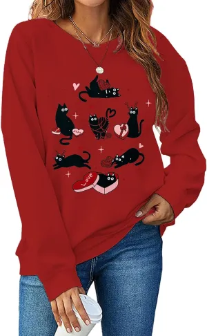 Meowy Valentines Sweatshirt for Womens Cute Black Cat Love Long Sleeve Shirt Love Heart Pullover Tops