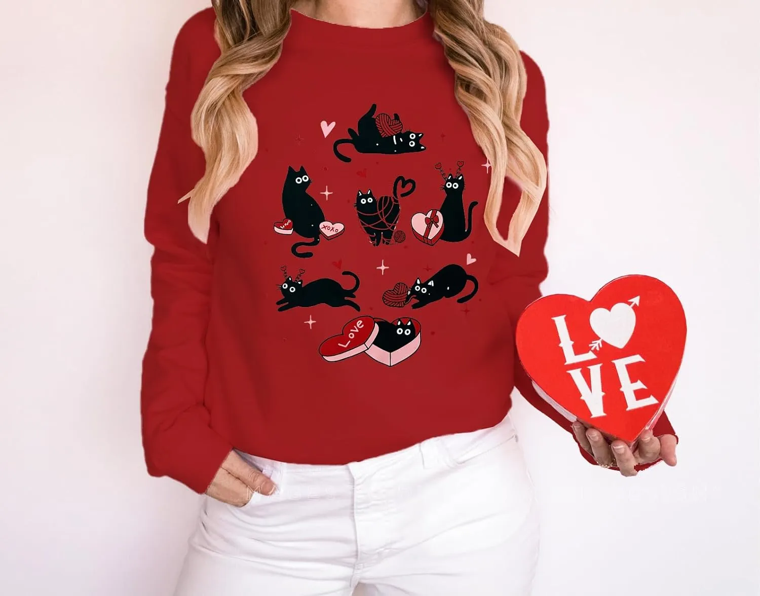 Meowy Valentines Sweatshirt for Womens Cute Black Cat Love Long Sleeve Shirt Love Heart Pullover Tops