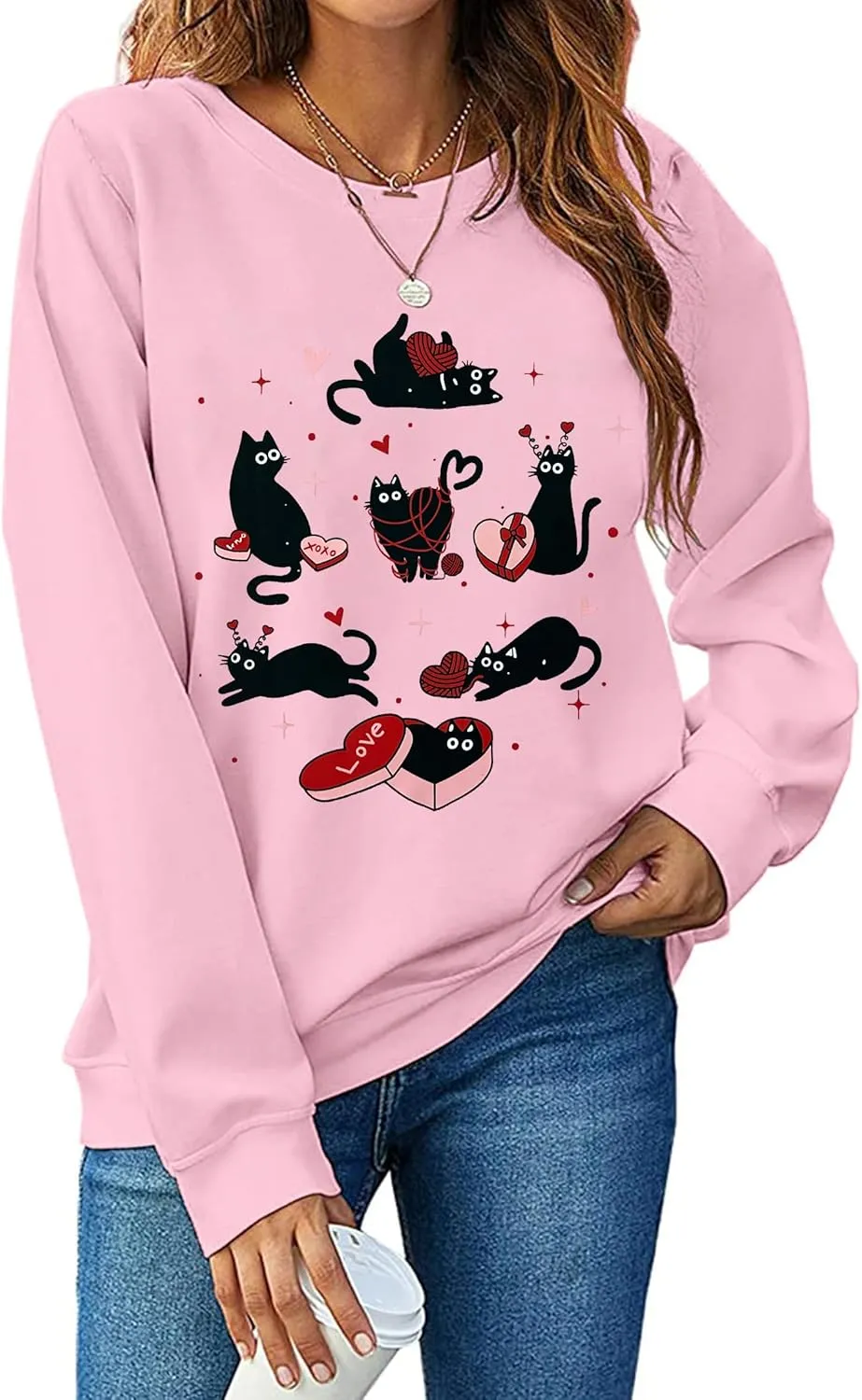 Meowy Valentines Sweatshirt for Womens Cute Black Cat Love Long Sleeve Shirt Love Heart Pullover Tops