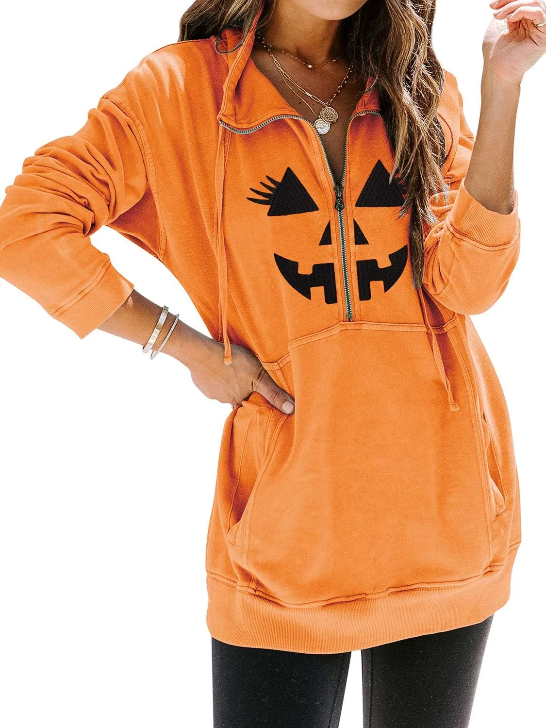 MYMORE Women's Casual Long Sleeve Lapel Half Zip Up Sweatshirts Drawstring Solid Loose Fit Pullover Tops