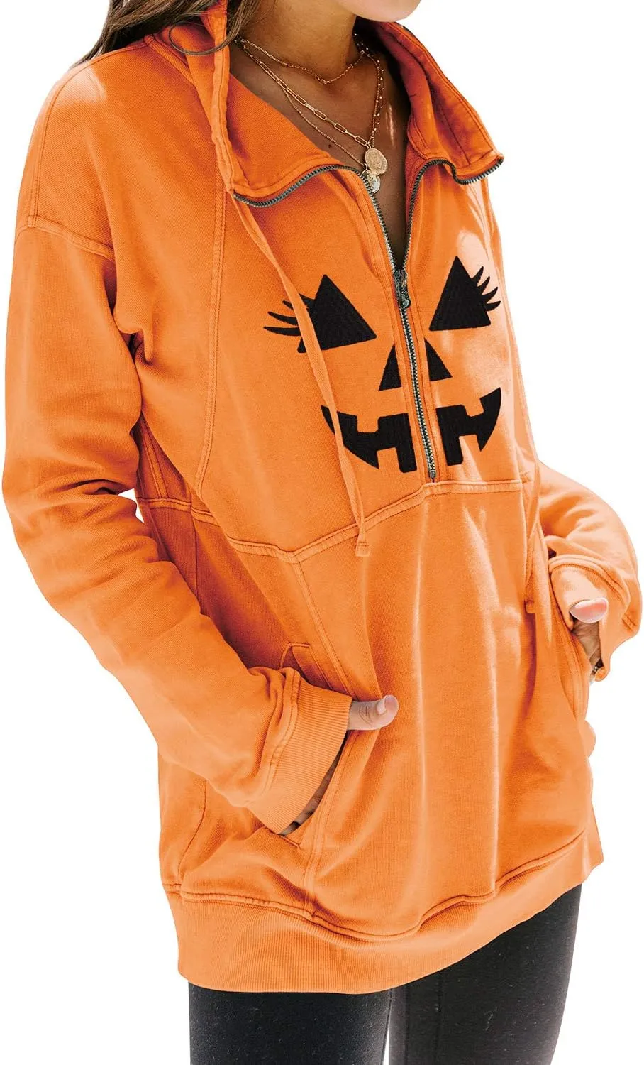 MYMORE Women's Casual Long Sleeve Lapel Half Zip Up Sweatshirts Drawstring Solid Loose Fit Pullover Tops