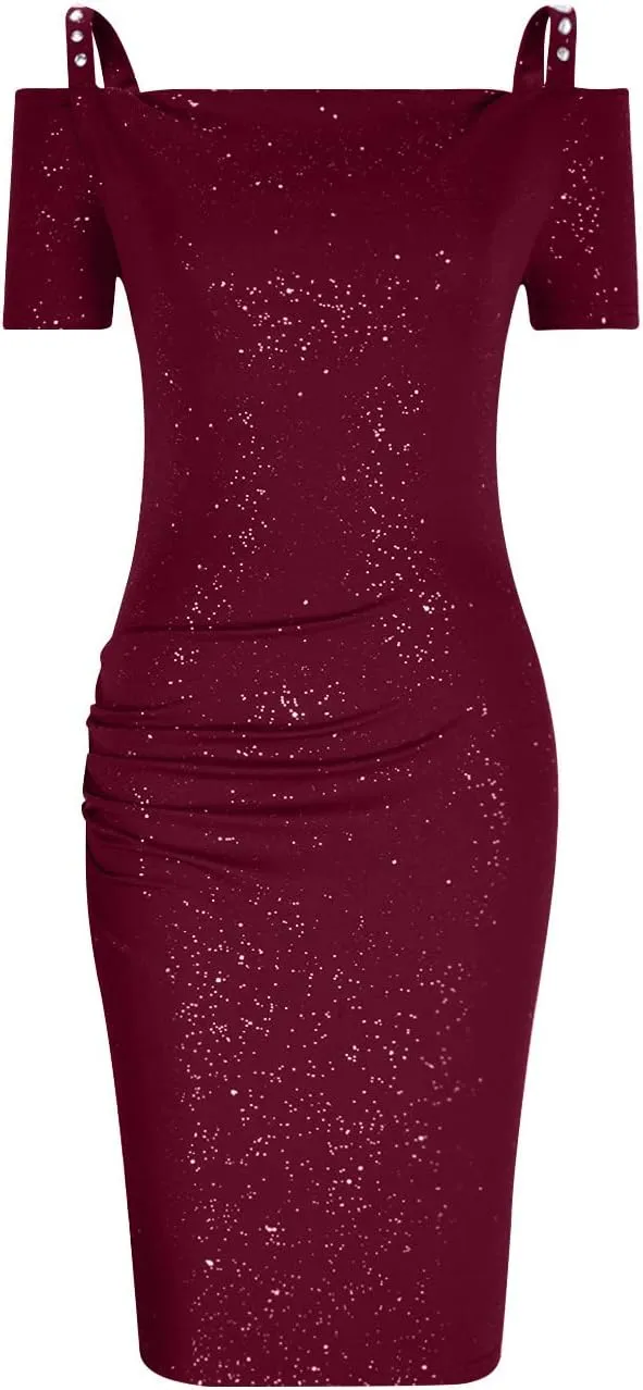 NaRHbrg Women's Ruched Bodycon Dresses Off Shoulder Short Sleeve Midi Dress V Neck Sequin Sparkle Glitzy Party Dress Clubwear