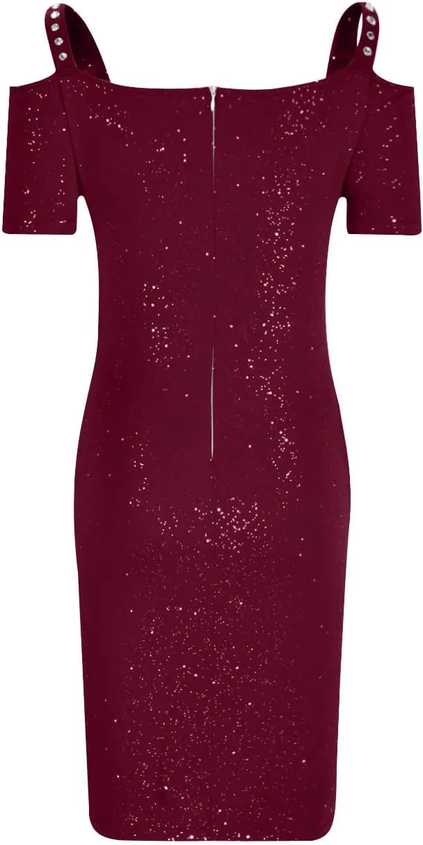 NaRHbrg Women's Ruched Bodycon Dresses Off Shoulder Short Sleeve Midi Dress V Neck Sequin Sparkle Glitzy Party Dress Clubwear