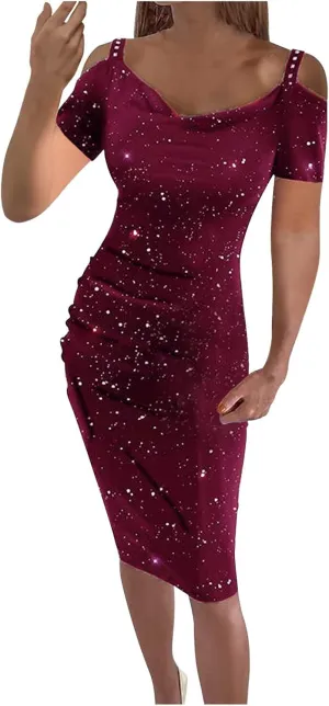 NaRHbrg Women's Ruched Bodycon Dresses Off Shoulder Short Sleeve Midi Dress V Neck Sequin Sparkle Glitzy Party Dress Clubwear