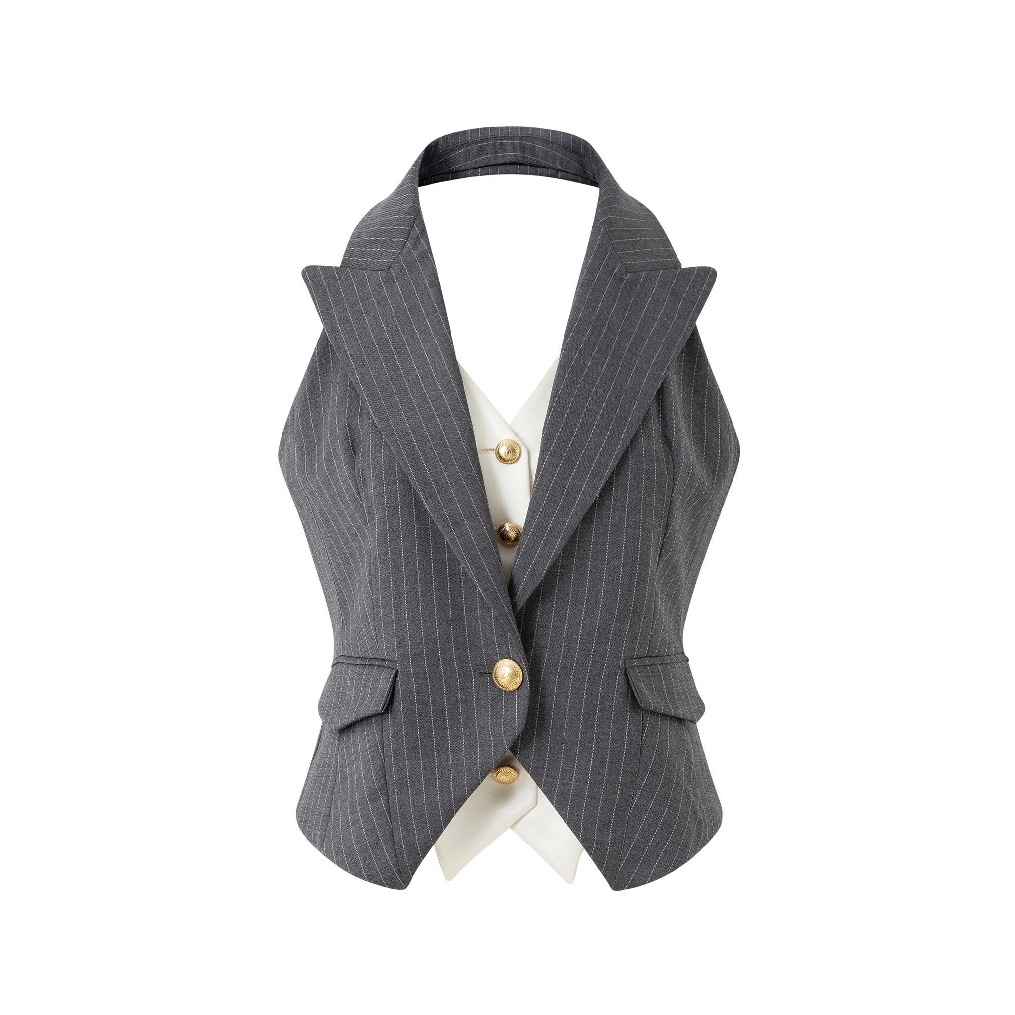 Neck False Two Piece Gold Button Vest