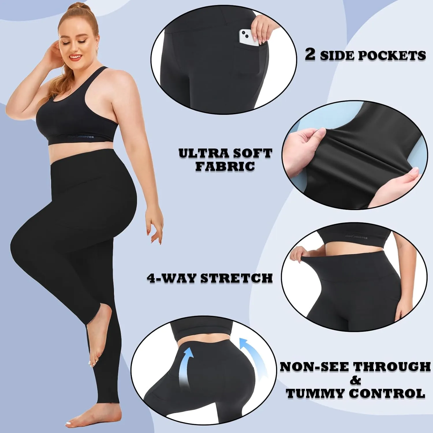 NEW YOUNG 3 Pack Plus Size Leggings with Pockets for Women,High Waist Tummy Control Workout Yoga Pants