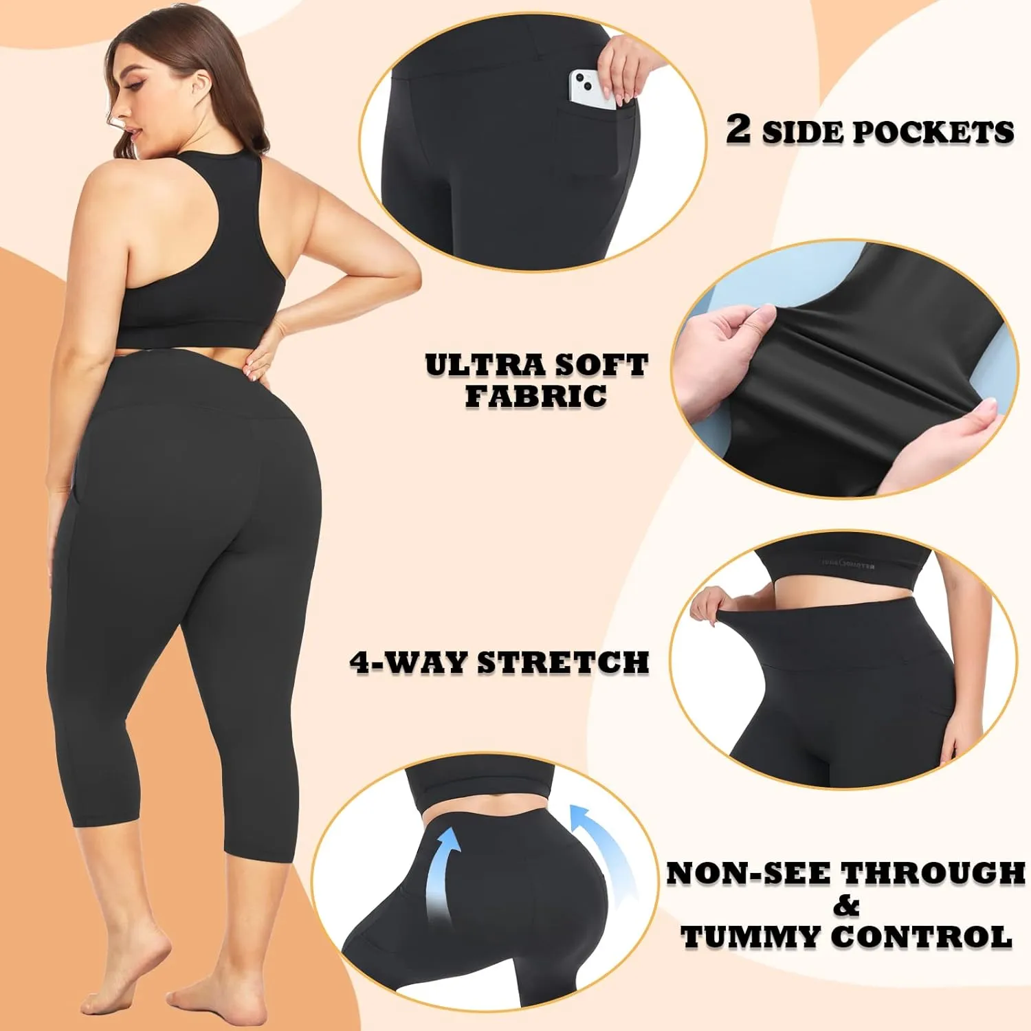 NEW YOUNG 3 Pack Plus Size Leggings with Pockets for Women,High Waist Tummy Control Workout Yoga Pants