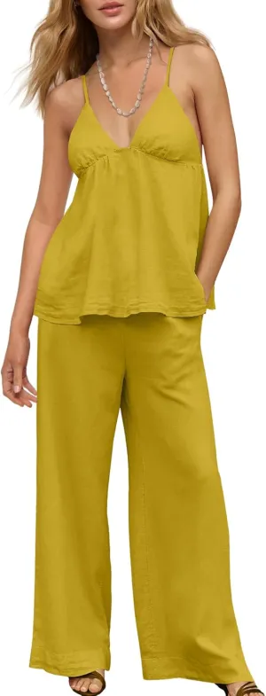 Nirovien Womens 2 Piece Linen Sets Summer Vacation Outfits Spaghetti Strap Tank Top and Pants Matching Sets