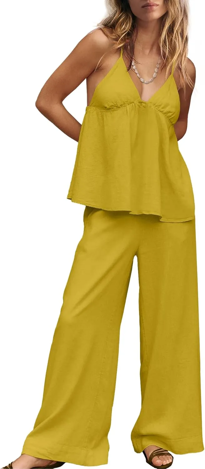 Nirovien Womens 2 Piece Linen Sets Summer Vacation Outfits Spaghetti Strap Tank Top and Pants Matching Sets