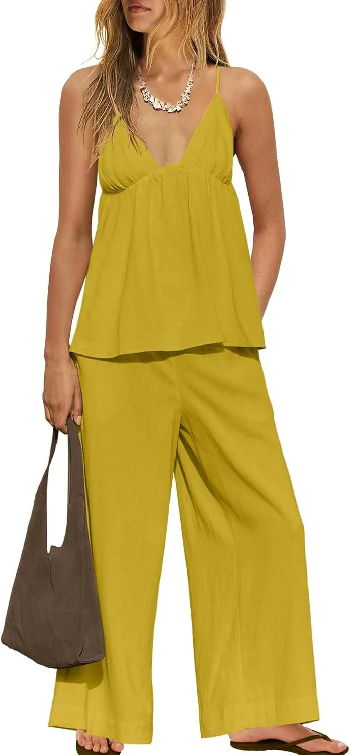 Nirovien Womens 2 Piece Linen Sets Summer Vacation Outfits Spaghetti Strap Tank Top and Pants Matching Sets